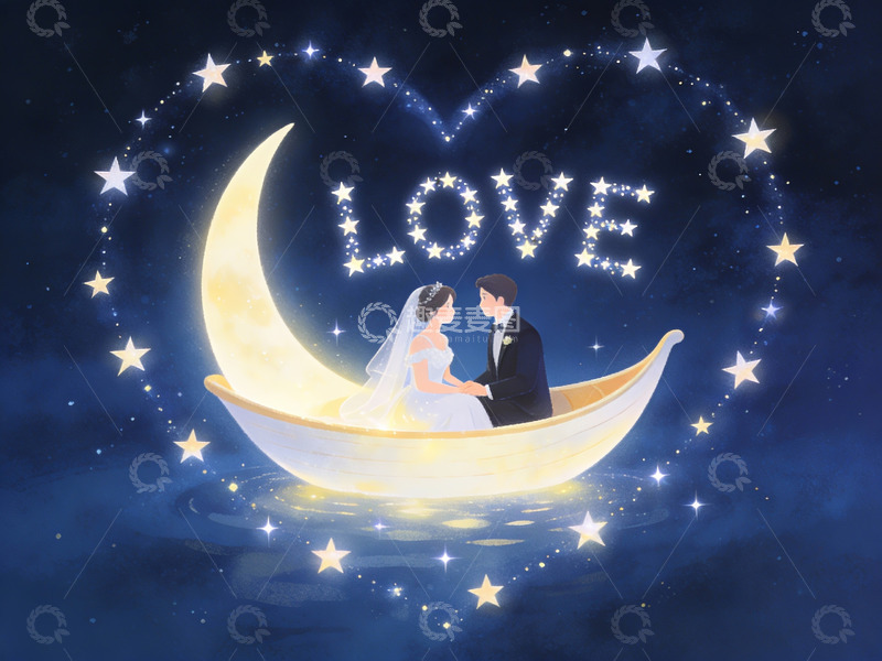 高清大图下载【趣麦麦图】新婚夫妇月牙船上浪漫相拥