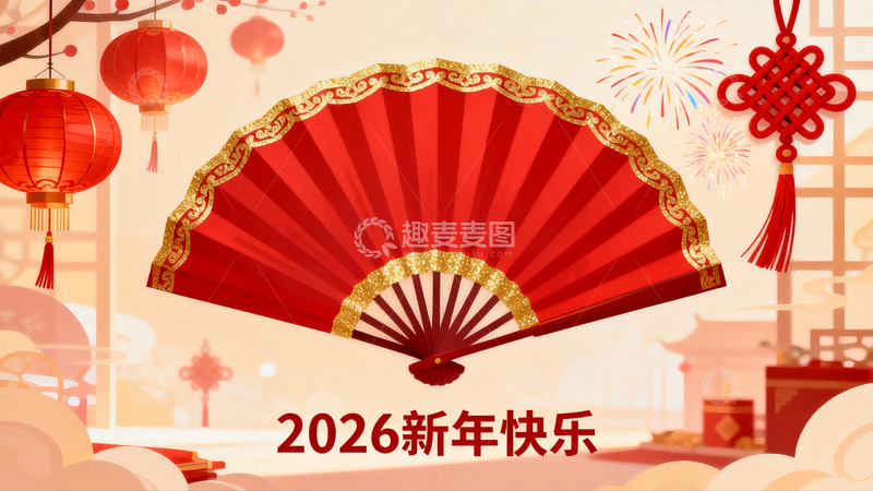 高清大图下载【趣麦麦图】新年红扇烟花灯笼贺岁图