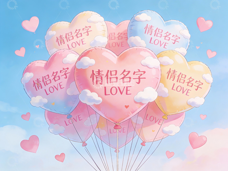 高清大图下载【趣麦麦图】情侣名字爱心气球飘浮