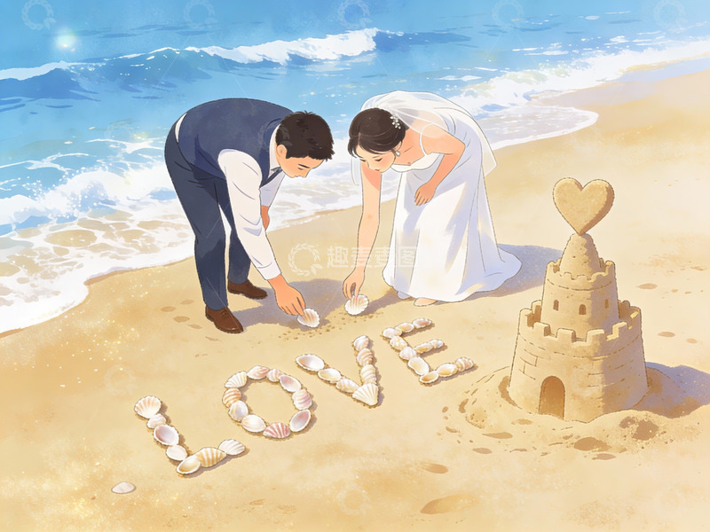 高清大图下载【趣麦麦图】新人沙滩写爱字建沙堡