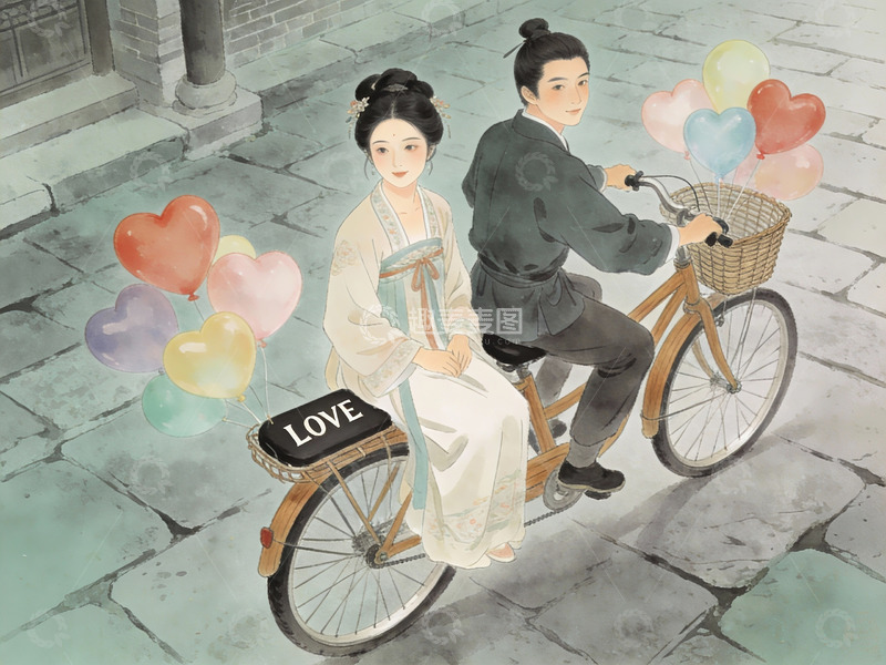 高清大图下载【趣麦麦图】古装情侣骑自行车
