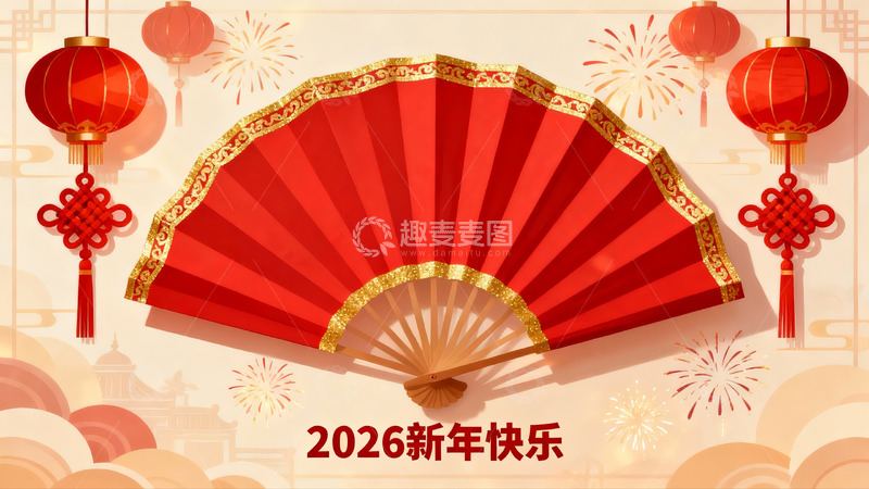 高清大图下载【趣麦麦图】新年红色扇子灯笼装饰图案