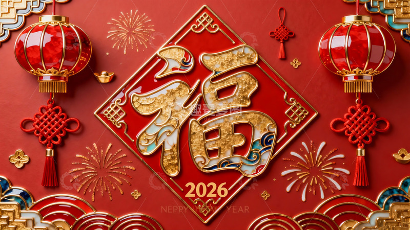 高清大图下载【趣麦麦图】新年红色福字灯笼装饰图