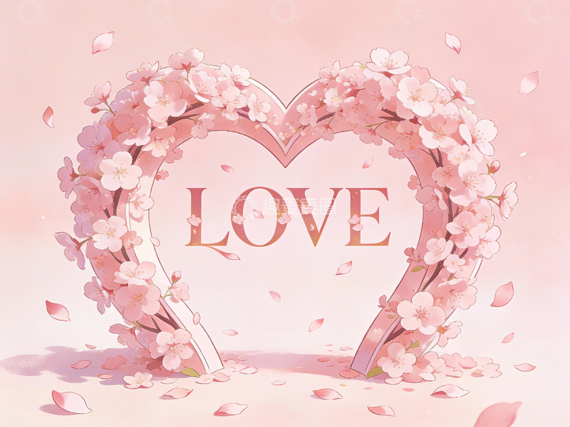 高清大图下载【趣麦麦图】樱花心形花环与爱字