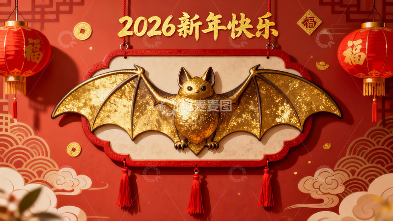 高清大图下载【趣麦麦图】新年装饰金蝠挂饰红灯笼