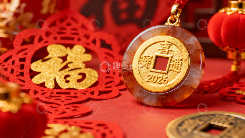 高清大图下载【趣麦麦图】新年饰品特写 福字挂饰与古币