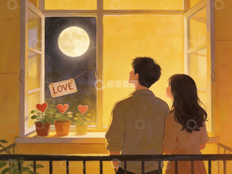 高清大图下载【趣麦麦图】情侣月下窗前共赏明月