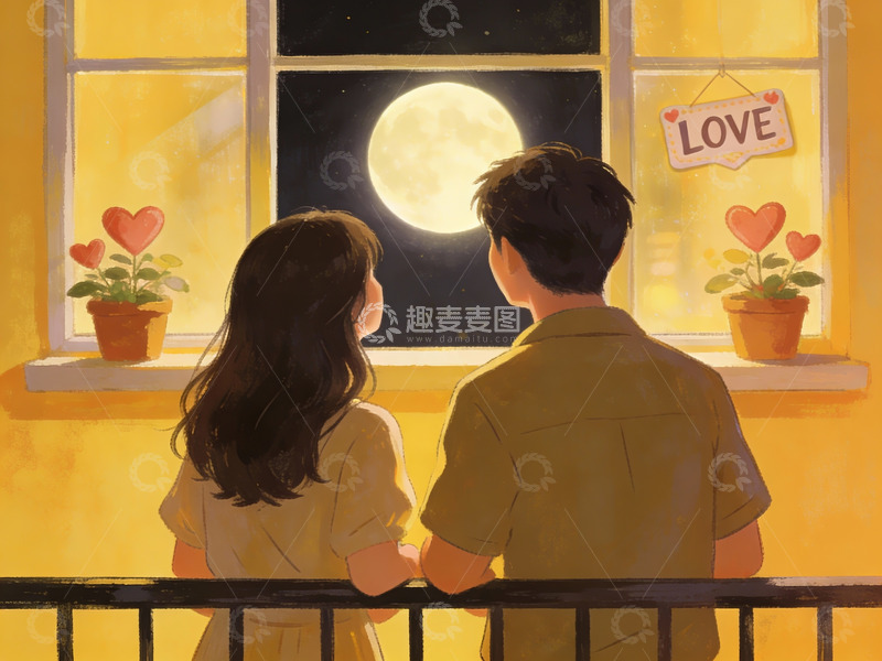 高清大图下载【趣麦麦图】情侣月下窗前共赏夜景