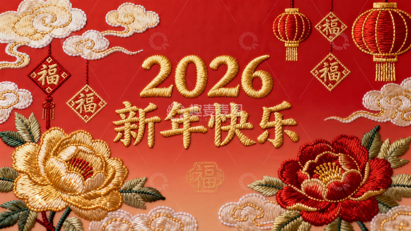 高清大图下载【趣麦麦图】2026新年刺绣图案红色背景