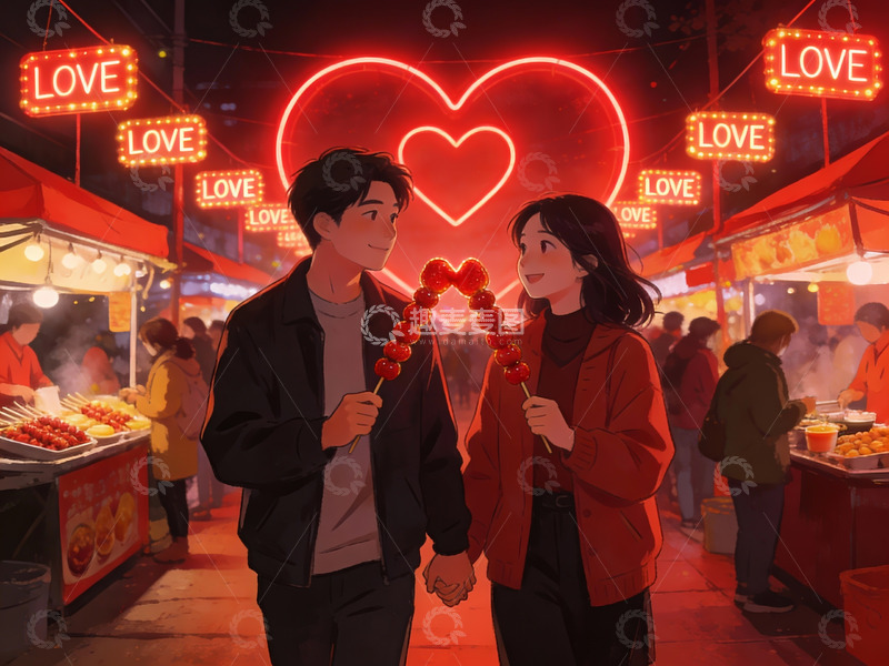 高清大图下载【趣麦麦图】情侣夜市共赏爱心灯饰