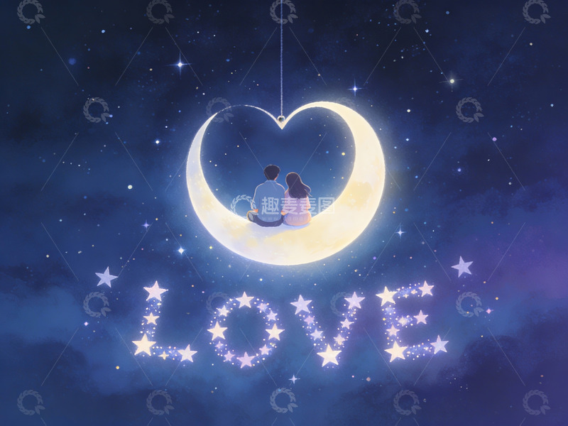 高清大图下载【趣麦麦图】情侣月下共赏星空