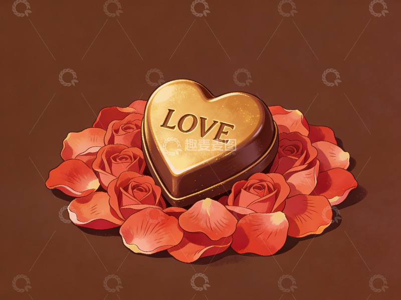 高清大图下载【趣麦麦图】心形巧克力置于玫瑰花瓣上