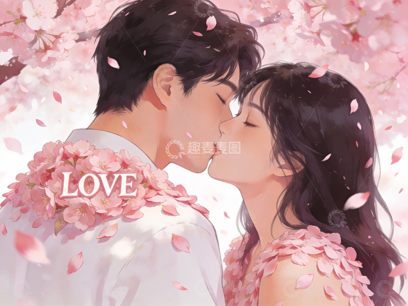 高清大图下载【趣麦麦图】樱花树下情侣亲吻场景
