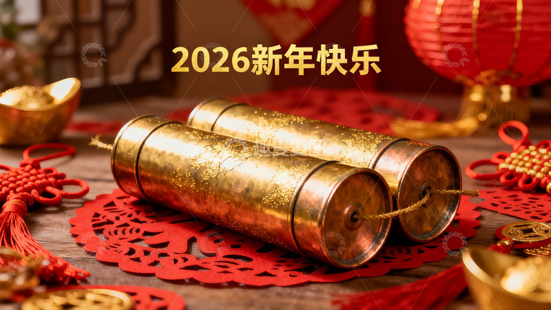 高清大图下载【趣麦麦图】新年装饰金筒红纸寓意吉祥
