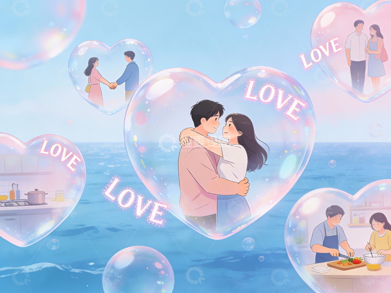 高清大图下载【趣麦麦图】情侣在心形泡泡中拥抱