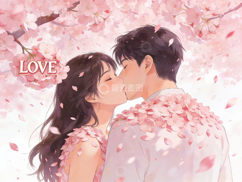 高清大图下载【趣麦麦图】樱花树下情侣亲吻场景
