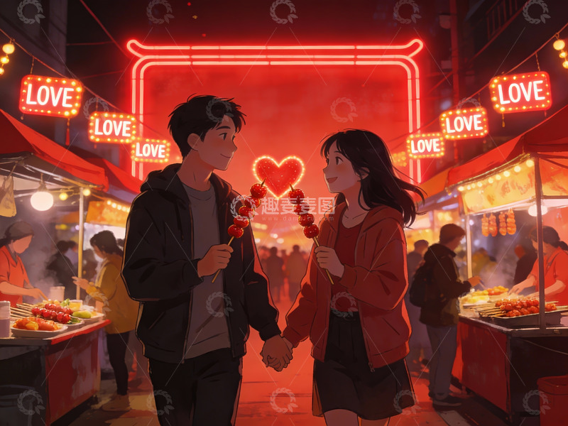 高清大图下载【趣麦麦图】夜市情侣手持糖葫芦