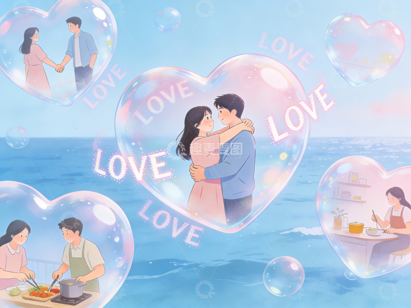 高清大图下载【趣麦麦图】情侣在心形泡泡中互动
