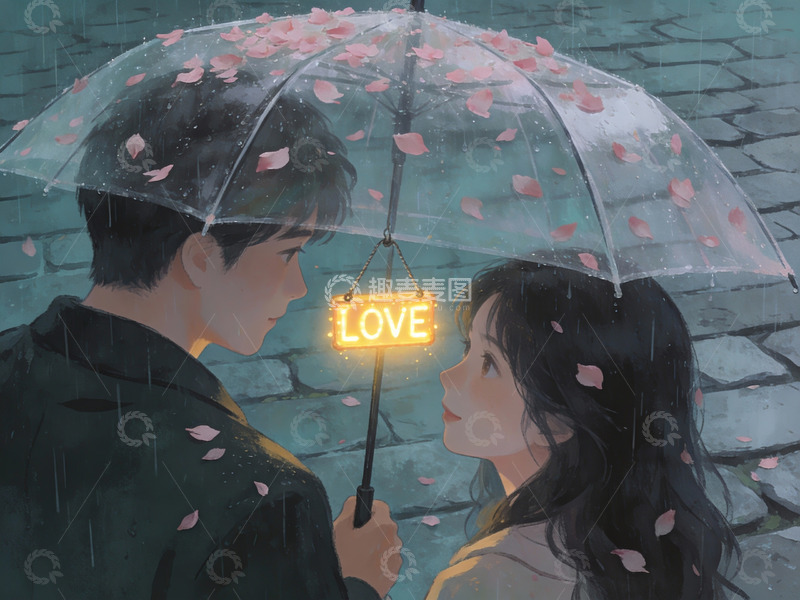 高清大图下载【趣麦麦图】雨中情侣共撑透明伞