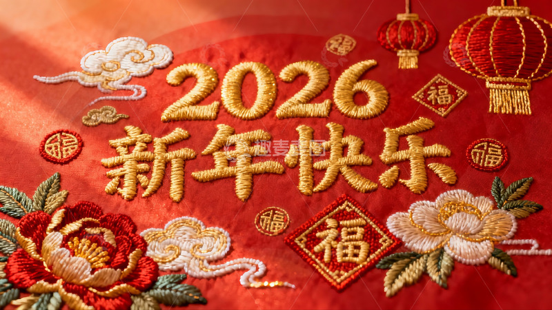 高清大图下载【趣麦麦图】红色刺绣新年祝福图案