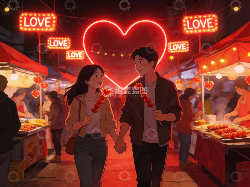高清大图下载【趣麦麦图】情侣夜市牵手赏灯