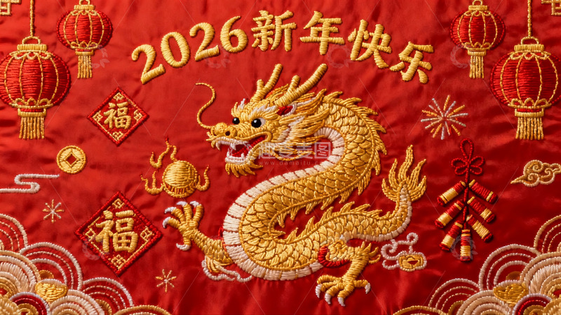 高清大图下载【趣麦麦图】红色龙年刺绣新年装饰