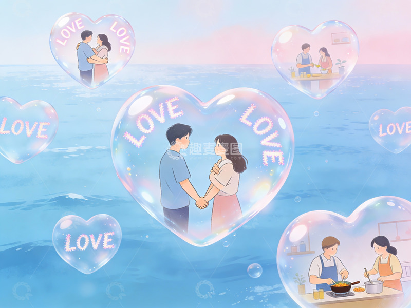 高清大图下载【趣麦麦图】情侣在爱心泡泡中的温馨场景