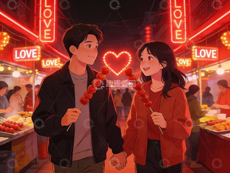 高清大图下载【趣麦麦图】情侣夜市共赏灯光美食
