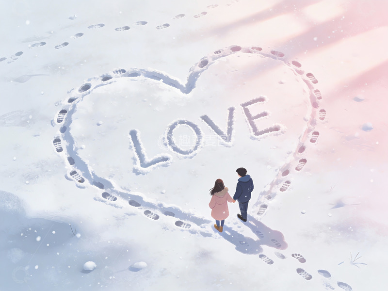 高清大图下载【趣麦麦图】雪地心形足迹中的情侣