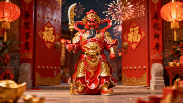 春节门神雕像与烟花庆典
