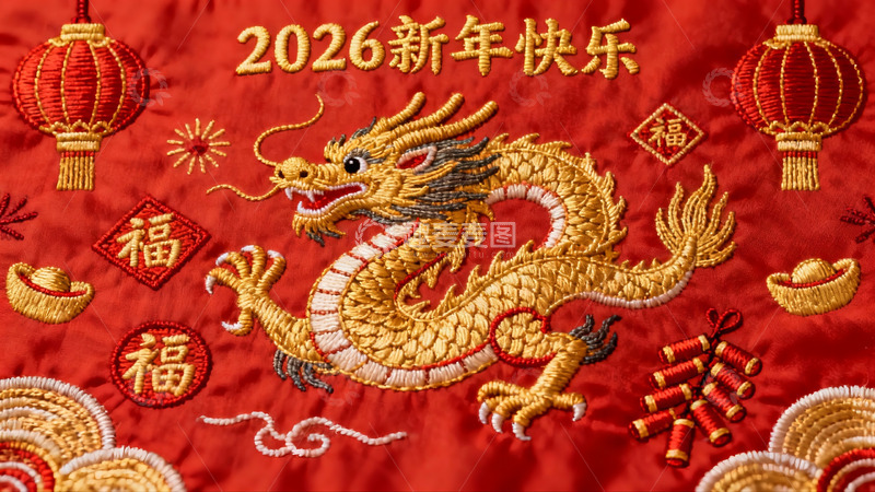 高清大图下载【趣麦麦图】红色龙年刺绣新年装饰