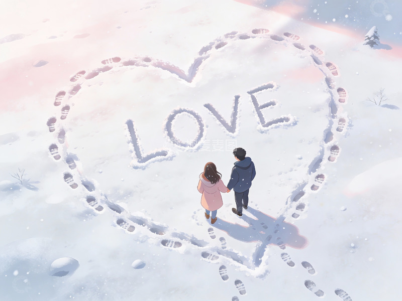 高清大图下载【趣麦麦图】雪地心形足迹与情侣