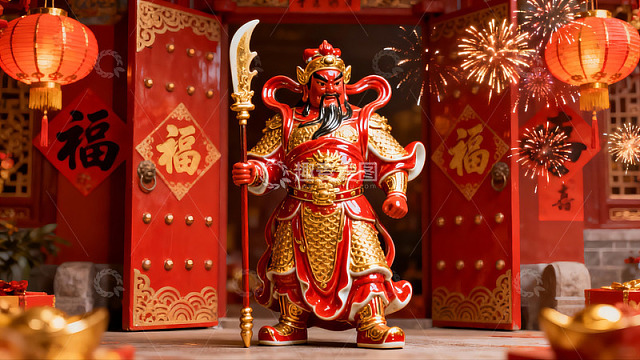 春节门神雕像与红灯笼