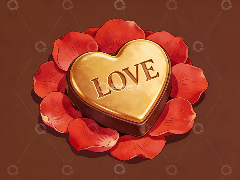 高清大图下载【趣麦麦图】金色爱心巧克力与玫瑰花瓣