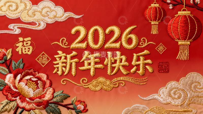 高清大图下载【趣麦麦图】2026新年快乐刺绣海报
