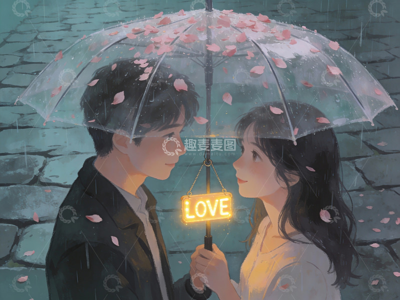 高清大图下载【趣麦麦图】雨中情侣共撑透明伞