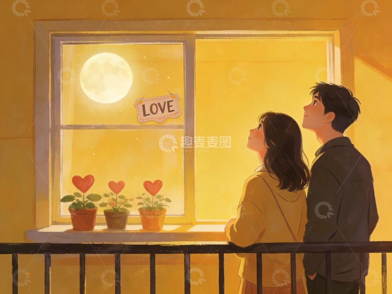 高清大图下载【趣麦麦图】月下情侣窗前赏月