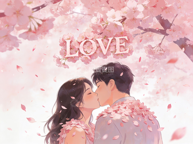高清大图下载【趣麦麦图】樱花树下情侣亲吻场景
