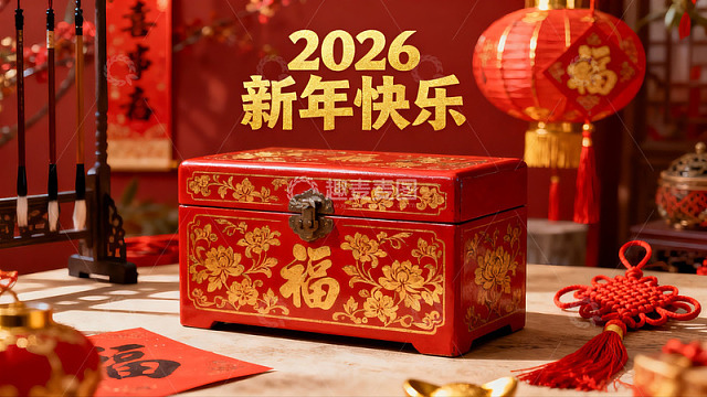 新年红色礼盒与装饰品