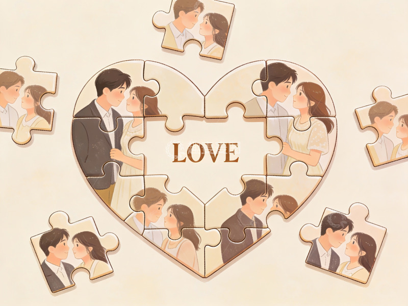 高清大图下载【趣麦麦图】心形拼图中的情侣亲吻