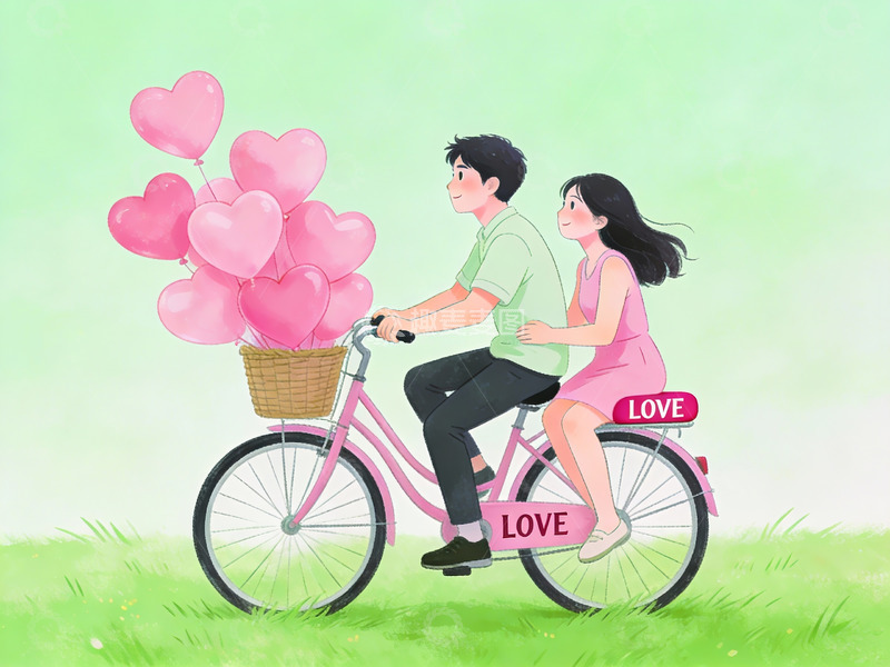 高清大图下载【趣麦麦图】情侣骑自行车载心形气球