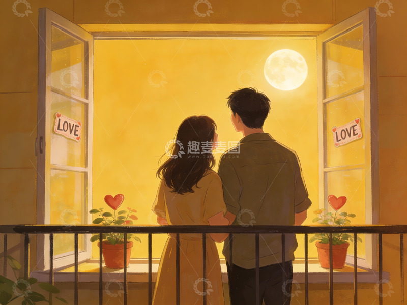 高清大图下载【趣麦麦图】情侣月下阳台相望