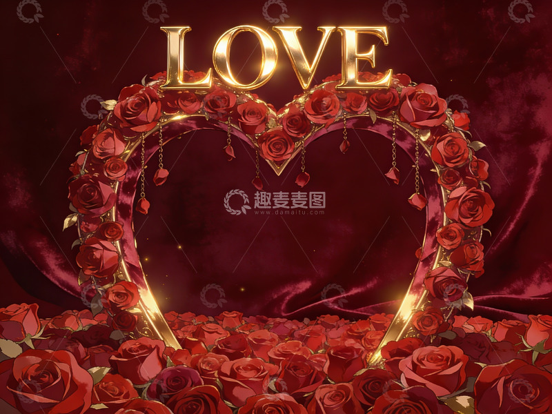 高清大图下载【趣麦麦图】玫瑰心形拱门与金色爱字