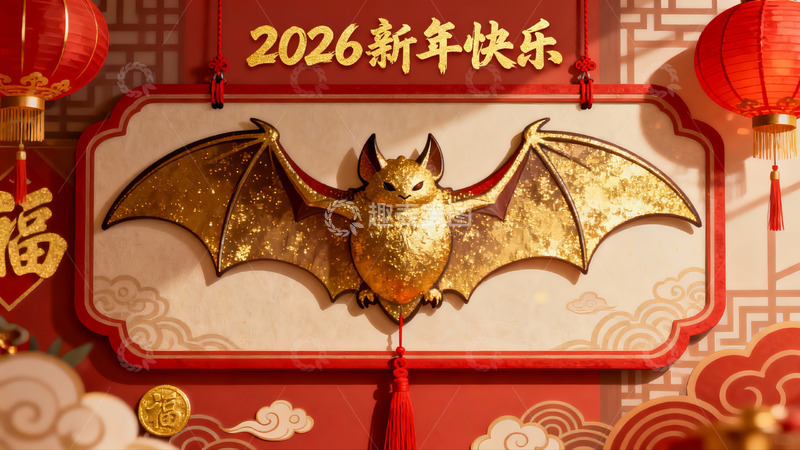 高清大图下载【趣麦麦图】新年装饰中的金色蝙蝠挂件