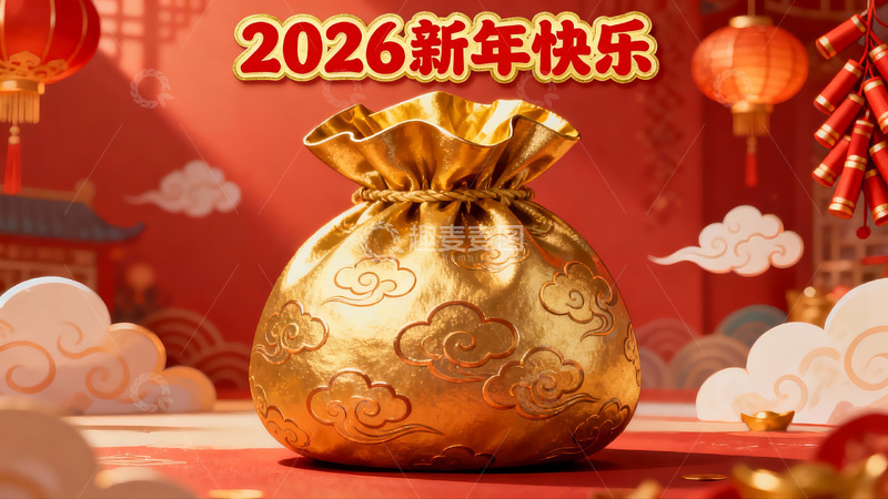 高清大图下载【趣麦麦图】新年金色福袋与红灯笼装饰