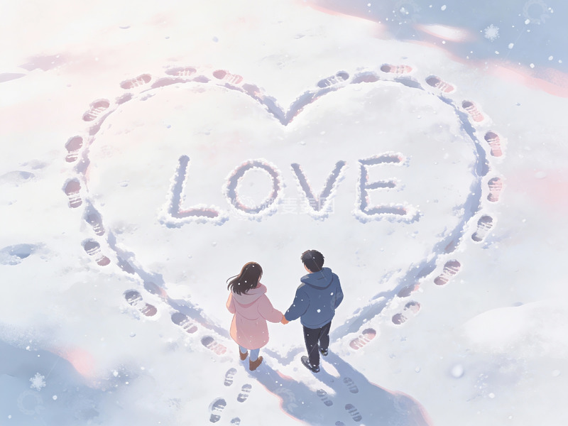 高清大图下载【趣麦麦图】雪地心形足迹与情侣