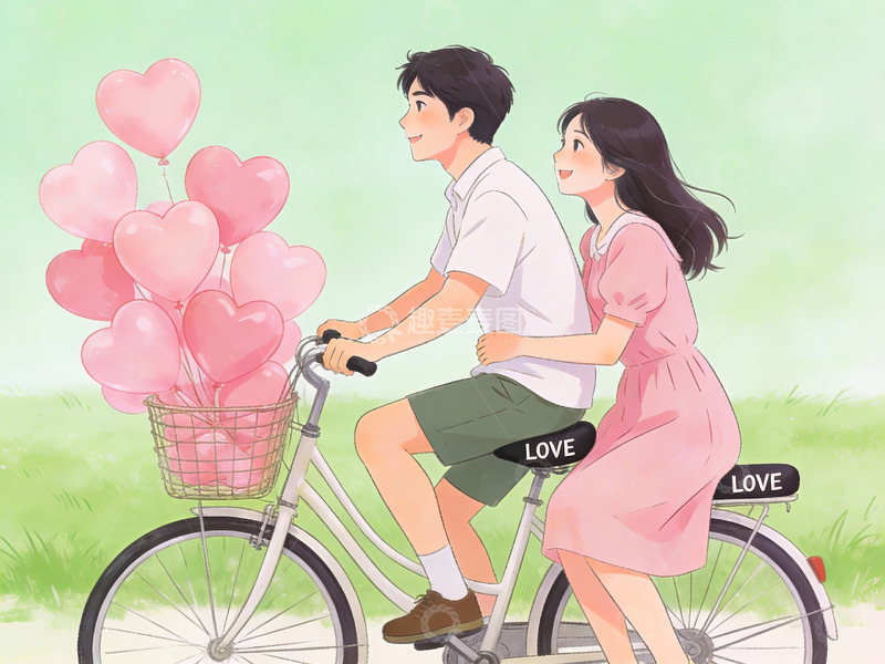 高清大图下载【趣麦麦图】情侣骑自行车载心形气球