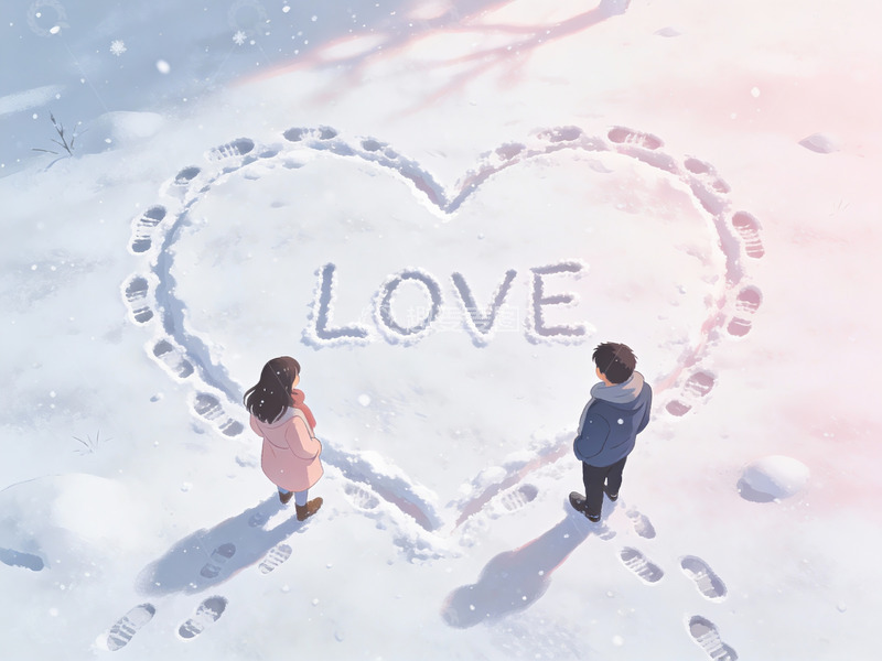 高清大图下载【趣麦麦图】雪地心形足迹与爱字