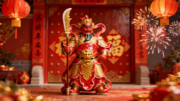 春节门神雕像与烟花装饰