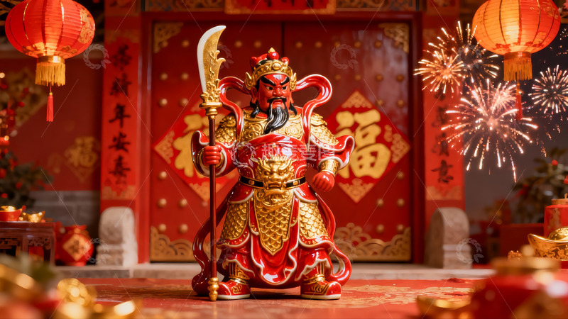 高清大图下载【趣麦麦图】春节门神雕像与烟花装饰